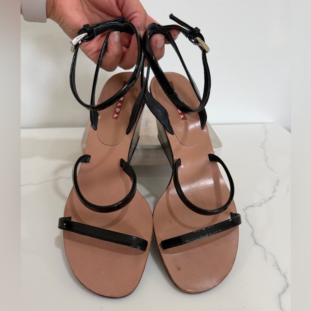 Prada Sport Women’s Vintage Black Strappy Wedge Sandals Black Size 36.5 - Picture 3 of 15